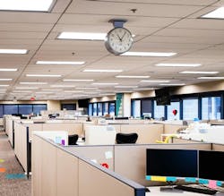 Bluetooth mesh blankets nearly 471,000 ft2 of office space with connectivity, featuring luminaire-level lighting controls (LLLC) and more than 700 control zones for multiple building tenants. (Photo credit: Image courtesy of Silvair.) Bluetooth mesh blankets nearly 471,000 ft2 of office space with connectivity, featuring luminaire-level lighting controls (LLLC) and more than 700 control zones for multiple building tenants. (Photo credit: Image courtesy of Silvair.)