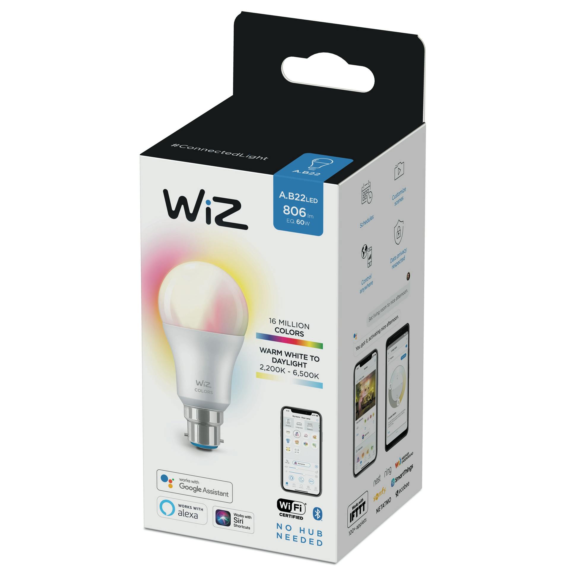 Signify is stepping up marketing of its expanded Wi-Fi-based WiZ smart lighting line as it targets the mass market with &ldquo;no hub needed&rdquo; bulbs (check out the lower right-hand corner) such as this color 60W equivalent, which are lower-priced than their Hue counterparts. (Photo credit: Image courtesy of Signify.)