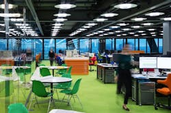 Helvar's intelligent lighting emphasis includes human-centric lighting that changes light temperature and other factors during the course of the day, such as at the London offices of architects Rogers Stirk Harbour + Partners (see article at https://www.ledsmagazine.com/smart-lighting-iot/article/16700732/helvar-adds-software-for-humancentric-lighting). (Photo credit: Image courtesy of Helvar.) Helvar's intelligent lighting emphasis includes human-centric lighting that changes light temperature and other factors during the course of the day, such as at the London offices of architects Rogers Stirk Harbour + Partners (see article at https://www.ledsmagazine.com/smart-lighting-iot/article/16700732/helvar-adds-software-for-humancentric-lighting). (Photo credit: Image courtesy of Helvar.)