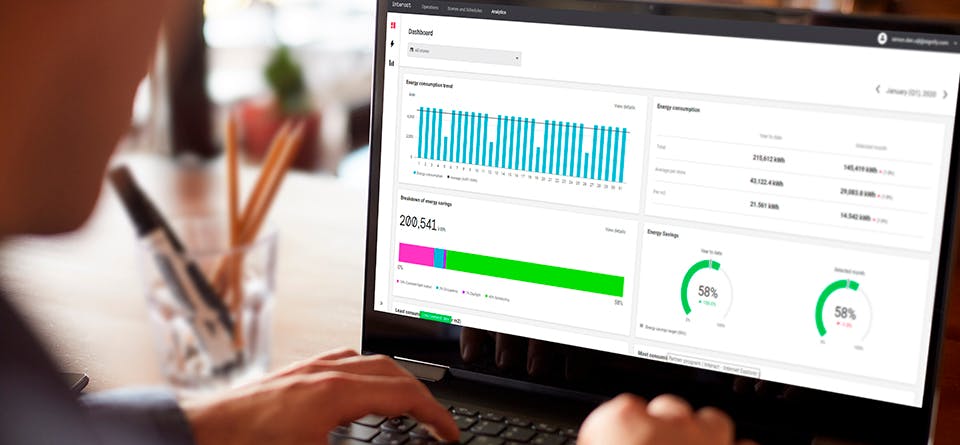 Signify's Interact Retail multisite management central dashboard can monitor energy usage and change scenes at many sites. (Photo credit: Image courtesy of Signify.)