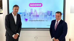 New Gooee CEO Andrew Johnson (r) and Croonwolter president Bas Ambachtsheer had little to say about lighting but talked plenty about smart buildings. Meanwhile, with Johnson joining as CEO, watch for a new chief at Aurora Lighting, where Johnson has been CEO. He founded both companies. (Photo credit: Image courtesy of Gooee.)