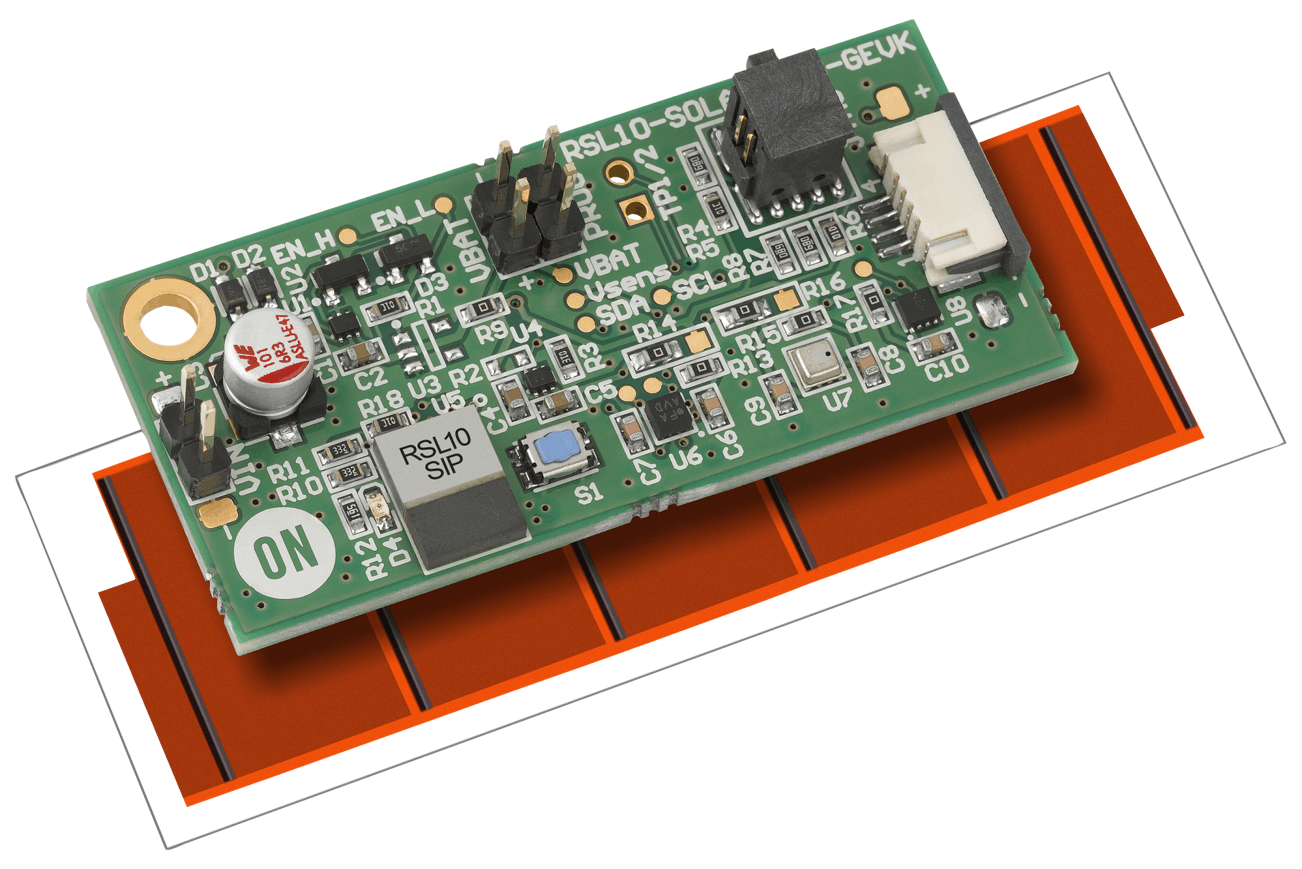 The ON Semiconductor multi-sensor platform design includes the company&rsquo;s RSL10 BLE transceiver plus sensors, all powered by the red solar film (shown at top). The same transceiver is powered kinetically in the company&rsquo;s design for a wireless light switch (seen below). (Photo credits: Images courtesy of ON Semiconductor.)