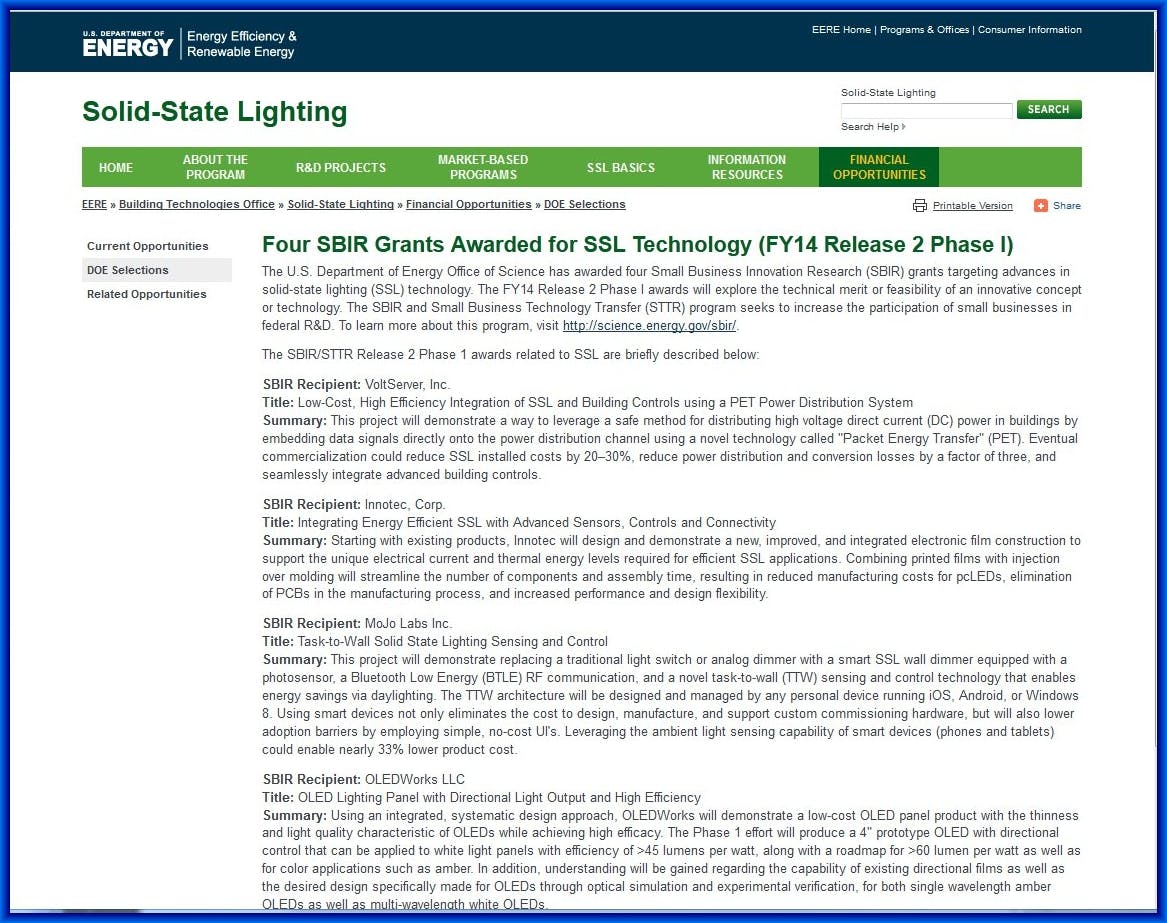 DOE announces SSL SBIR funding, new MYPP, and fact sheet