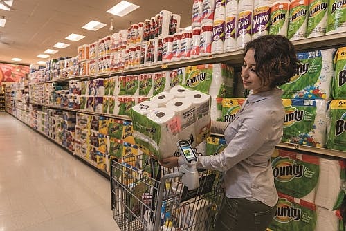 Is the Zebra device on top of the shopping cart handle, rather than smartphones, the future of how shoppers will engage with visible light communications (VLC)? (Photo credit: Zebra.)