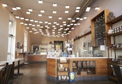 OLEDs providing interior ambience at a cafe. (Photo credit: Image courtesy of OLEDWorks website.) OLEDs providing interior ambience at a cafe. (Photo credit: Image courtesy of OLEDWorks website.)