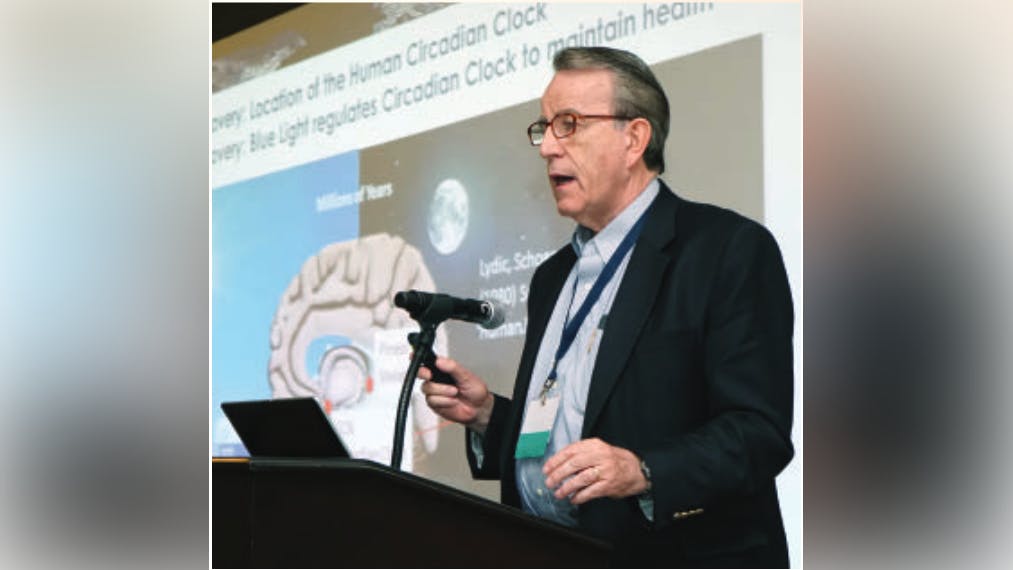 Moore-Ede will continue to have plenty to say about healthy lighting. He&rsquo;s pictured here speaking at an LEDs Magazine&rsquo;s Lighting for Health and Wellbeing Conference in 2017.