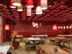 Two of Signify’s mercury-vapor-lamp–based UV-C upper-air cleaners sit atop the red wall at this Thai Town restaurant. Two of Signify’s mercury-vapor-lamp–based UV-C upper-air cleaners sit atop the red wall at this Thai Town restaurant.