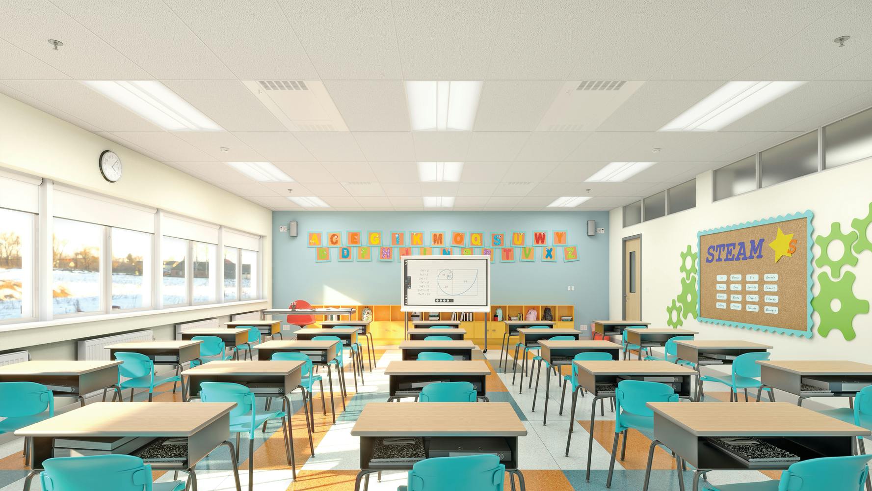 In this mock-up, ceiling troffers from Acuity&rsquo;s Healthcare Lighting illuminate a classroom while a 254-nm emitter inside each fixture deactivates pathogens. (Photo credit: Image courtesy of Acuity Brands.)