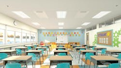 In this mock-up, ceiling troffers from Acuity’s Healthcare Lighting illuminate a classroom while a 254-nm emitter inside each fixture deactivates pathogens. (Photo credit: Image courtesy of Acuity Brands.) In this mock-up, ceiling troffers from Acuity’s Healthcare Lighting illuminate a classroom while a 254-nm emitter inside each fixture deactivates pathogens. (Photo credit: Image courtesy of Acuity Brands.)