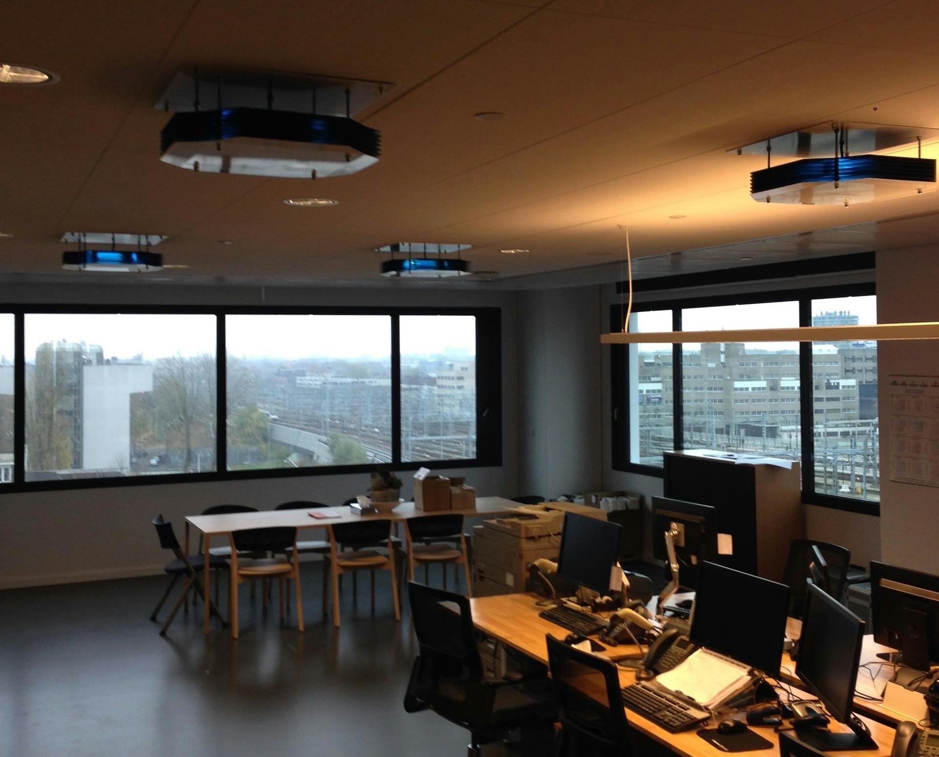 Upper air UV-C luminaires, such as these at Signify premises, are an education for potential commercial users, who want to know that they're safe, Signify CEO Eric Rondolat said. (Photo credit: Image courtesy of Signify.)