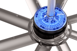 Big Ass Fans fits a UV-C module above the blades of the fans. The blue emitters are not UV-C; they are indicator lights. If the unlit square components in the concentric circle are UV-C LEDs, then this unit atop an Essence model would appear to have at least 72 of them. (Photo credit: All images courtesy of Big Ass Fans.) Big Ass Fans fits a UV-C module above the blades of the fans. The blue emitters are not UV-C; they are indicator lights. If the unlit square components in the concentric circle are UV-C LEDs, then this unit atop an Essence model would appear to have at least 72 of them. (Photo credit: All images courtesy of Big Ass Fans.)
