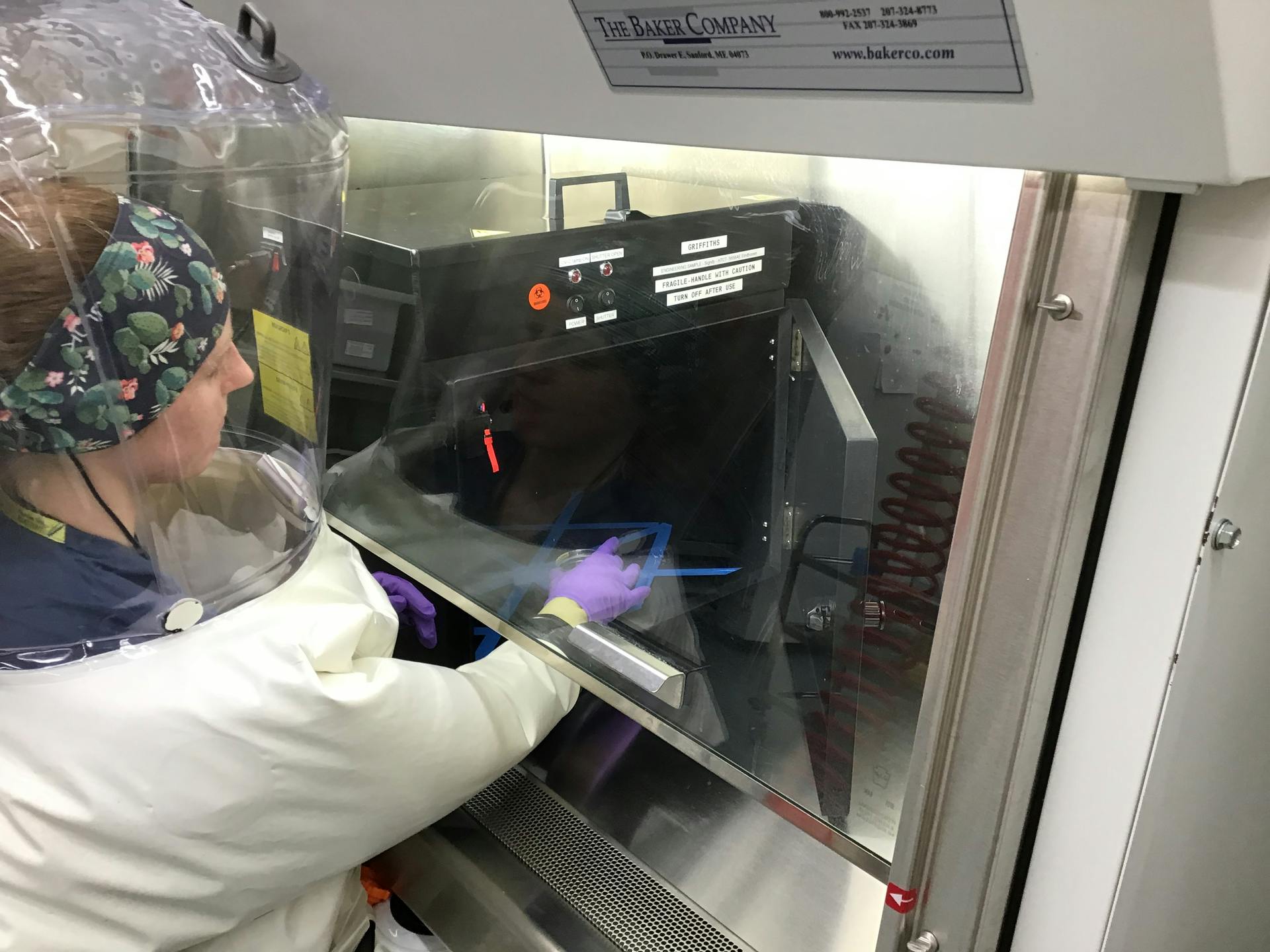A Boston University researcher works with a coronavirus sample and Signify UV-C lighting, decked out in what looks like a deluxe suit of PPE. (Photo credit: Image courtesy of Signify.)