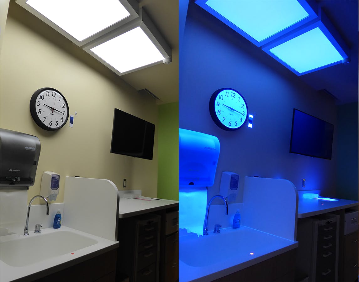 Recent research published by the Lighting Research Center in the journal Lighting Research & Technology centered on using a hybrid luminaire with visible white-light (left) and UV-A (right) channels in a hospital disinfection study. (Photo credit: Images courtesy of the Lighting Research Center.)