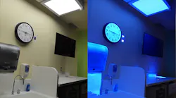 Recent research published by the Lighting Research Center in the journal Lighting Research & Technology centered on using a hybrid luminaire with visible white-light (left) and UV-A (right) channels in a hospital disinfection study. (Photo credit: Images courtesy of the Lighting Research Center.)
