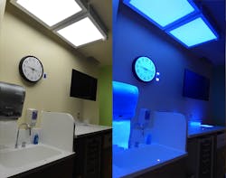 Recent research published by the Lighting Research Center in the journal Lighting Research & Technology centered on using a hybrid luminaire with visible white-light (left) and UV-A (right) channels in a hospital disinfection study. (Photo credit: Images courtesy of the Lighting Research Center.) Recent research published by the Lighting Research Center in the journal Lighting Research & Technology centered on using a hybrid luminaire with visible white-light (left) and UV-A (right) channels in a hospital disinfection study. (Photo credit: Images courtesy of the Lighting Research Center.)