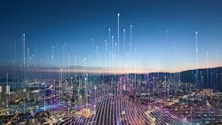 Aerial view of city at dusk with graphic overlay of tech connectivity concept. Aerial view of city at dusk with graphic overlay of tech connectivity concept.