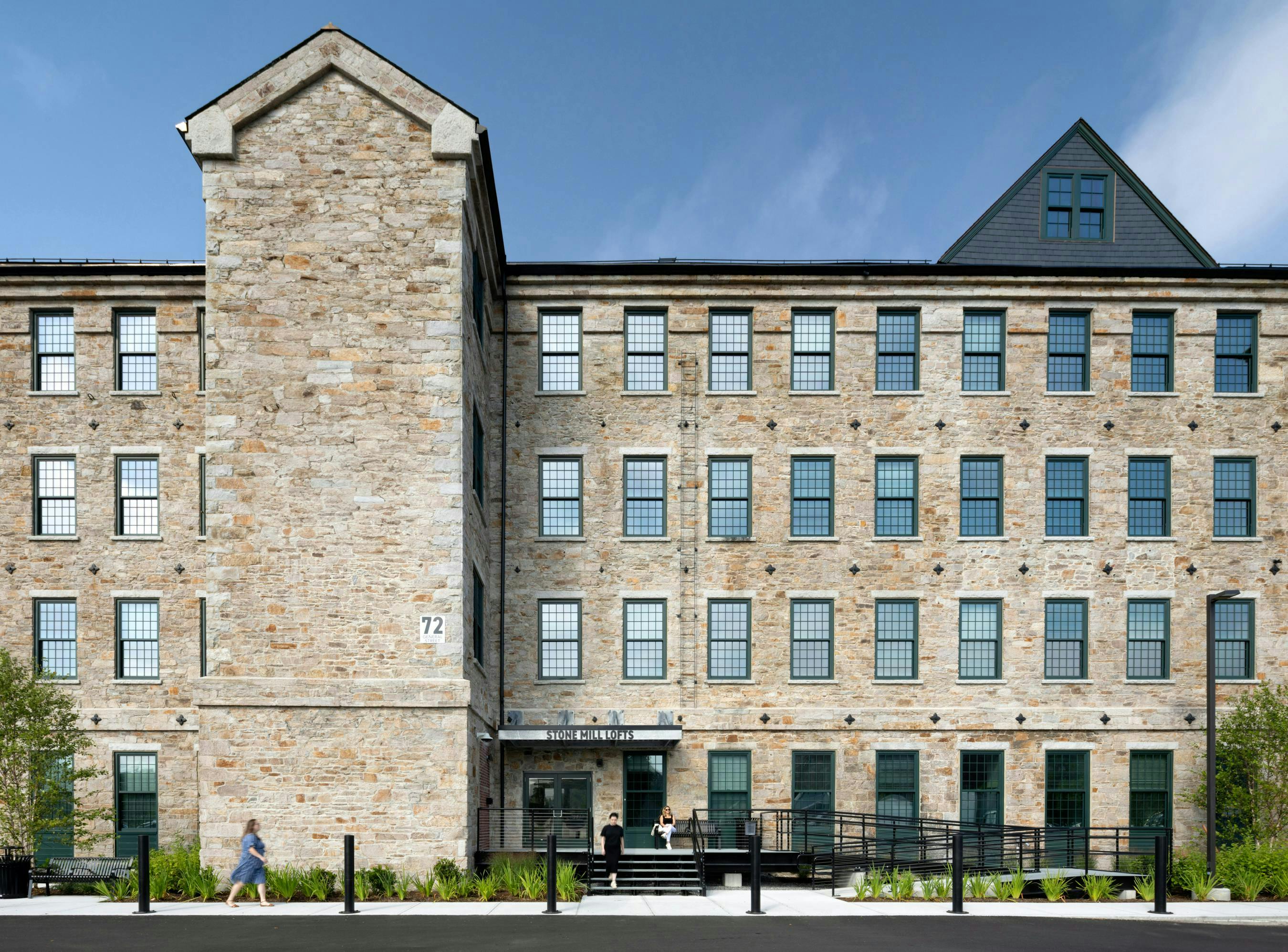 Exterior shot of entrance to the Stone Mill Lofts.