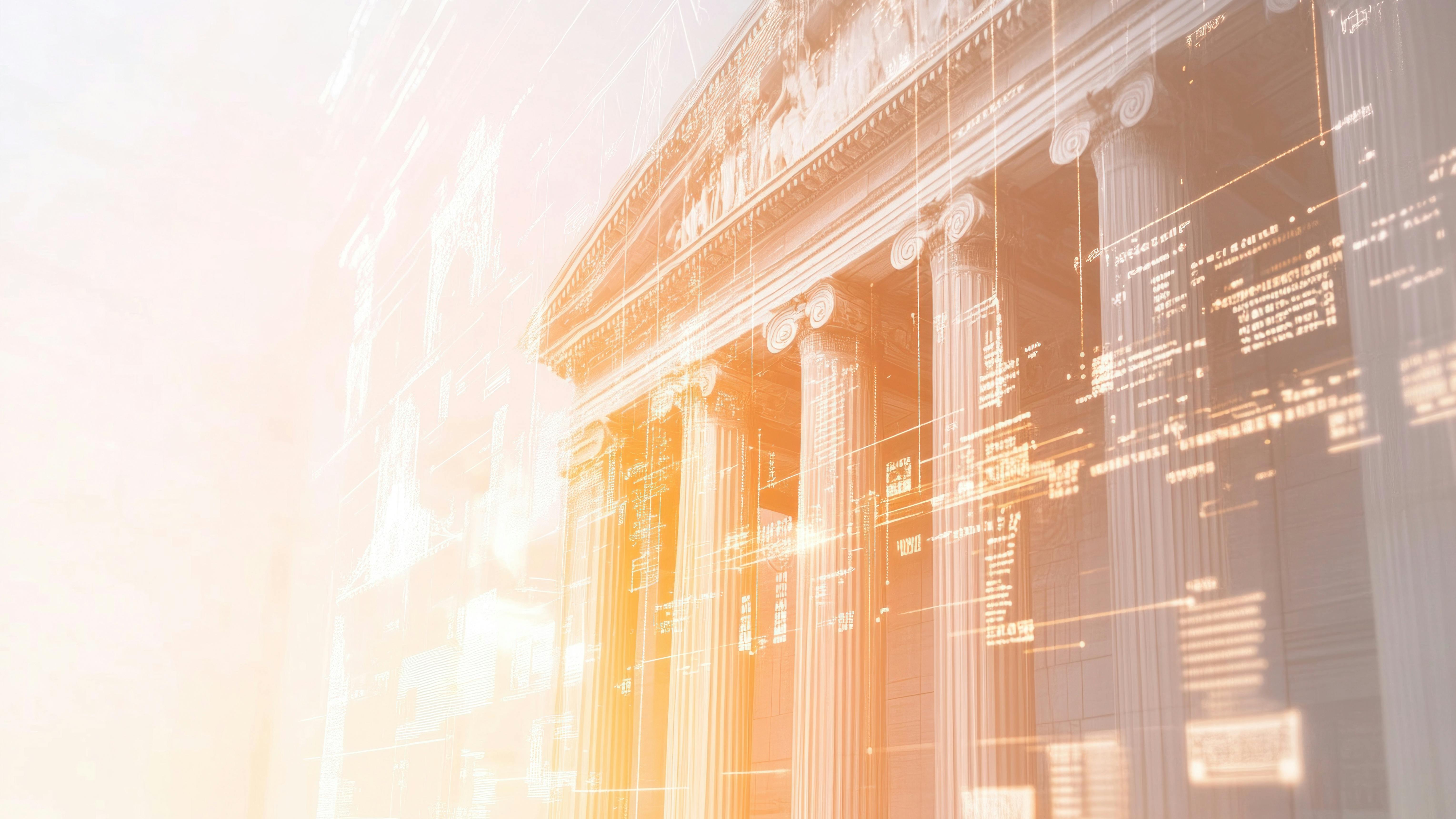 Exterior of government building with digital overlay representing smart building regulations.