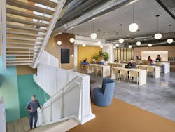 Colorful staircases on each of Indeed’s 10 levels serve as active design. Colorful staircases on each of Indeed’s 10 levels serve as active design.