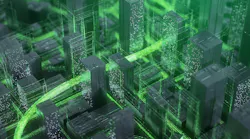 Conceptual renderings of buildings with green energy waves passing through.
