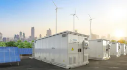 Rendering of microgrid concept with energy storage, solar panels, and wind turbines.