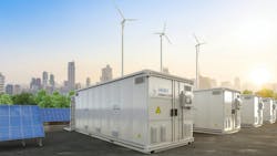 Rendering of microgrid concept with energy storage, solar panels, and wind turbines. Rendering of microgrid concept with energy storage, solar panels, and wind turbines.