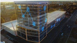 Exterior view of building with technology icons overlaid on facade representing smart building. Exterior view of building with technology icons overlaid on facade representing smart building.