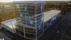 Exterior view of building with technology icons overlaid on facade representing smart building. Exterior view of building with technology icons overlaid on facade representing smart building.