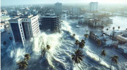 AI-generated image of tsunami engulfing buildings in a coastal city. AI-generated image of tsunami engulfing buildings in a coastal city.