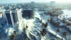 AI-generated image of tsunami engulfing buildings in a coastal city. AI-generated image of tsunami engulfing buildings in a coastal city.