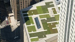 This green roof is in downtown Chicago. Green roofs can help provide passive cooling to buildings by absorbing heat and water, which keeps indoor temperatures more stable. This green roof is in downtown Chicago. Green roofs can help provide passive cooling to buildings by absorbing heat and water, which keeps indoor temperatures more stable.