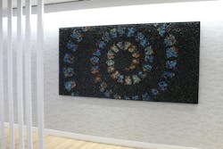 “Cathedral Lights” by Erik Jensen is displayed on the executive floor of One Congress in Boston. Jensen creates large-scale artworks using hand-dyed computer keys that are arranged to form vibrant shapes and colors visible from a distance, while up close, they reveal hidden poems and messages. “Cathedral Lights” by Erik Jensen is displayed on the executive floor of One Congress in Boston. Jensen creates large-scale artworks using hand-dyed computer keys that are arranged to form vibrant shapes and colors visible from a distance, while up close, they reveal hidden poems and messages.