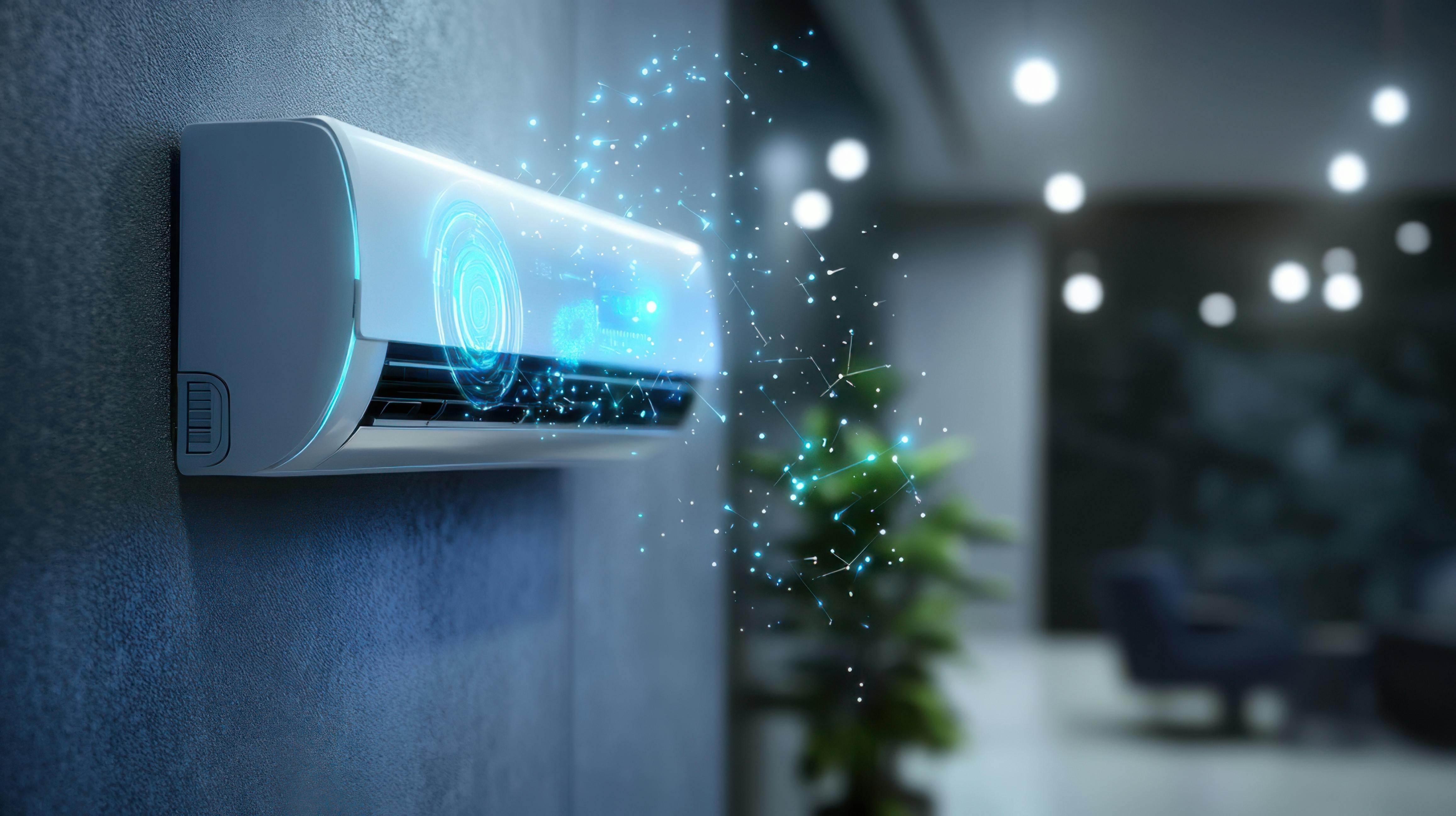 Conceptual rendering of smart HVAC system on wall with digital data point overlay.