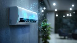 Conceptual rendering of smart HVAC system on wall with digital data point overlay. Conceptual rendering of smart HVAC system on wall with digital data point overlay.