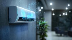 Conceptual rendering of smart HVAC system on wall with digital data point overlay. Conceptual rendering of smart HVAC system on wall with digital data point overlay.