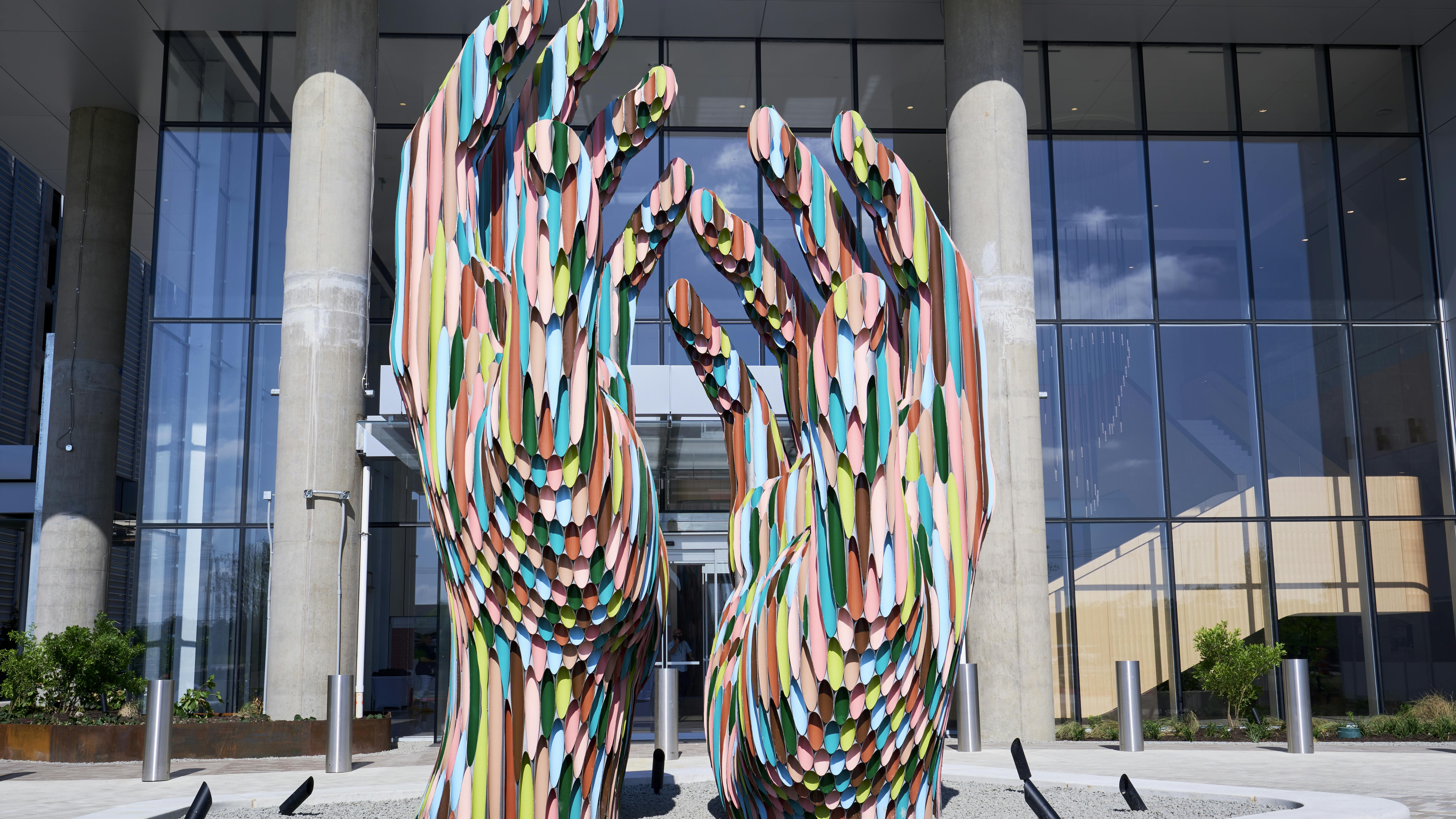 Resembling two hands carved from colored pencils, &ldquo;Drawn Together&rdquo; reflects community and connection&mdash;core values embedded in the TIAA art experience.