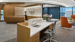 Hendrick’s design for OneDigital’s corporate headquarters in Atlanta uses a sustainable acoustic plaster. The firm installed barrel-vaulted ceilings in the reception area and boardroom and hired an acoustician to advise on the project. Hendrick’s design for OneDigital’s corporate headquarters in Atlanta uses a sustainable acoustic plaster. The firm installed barrel-vaulted ceilings in the reception area and boardroom and hired an acoustician to advise on the project.