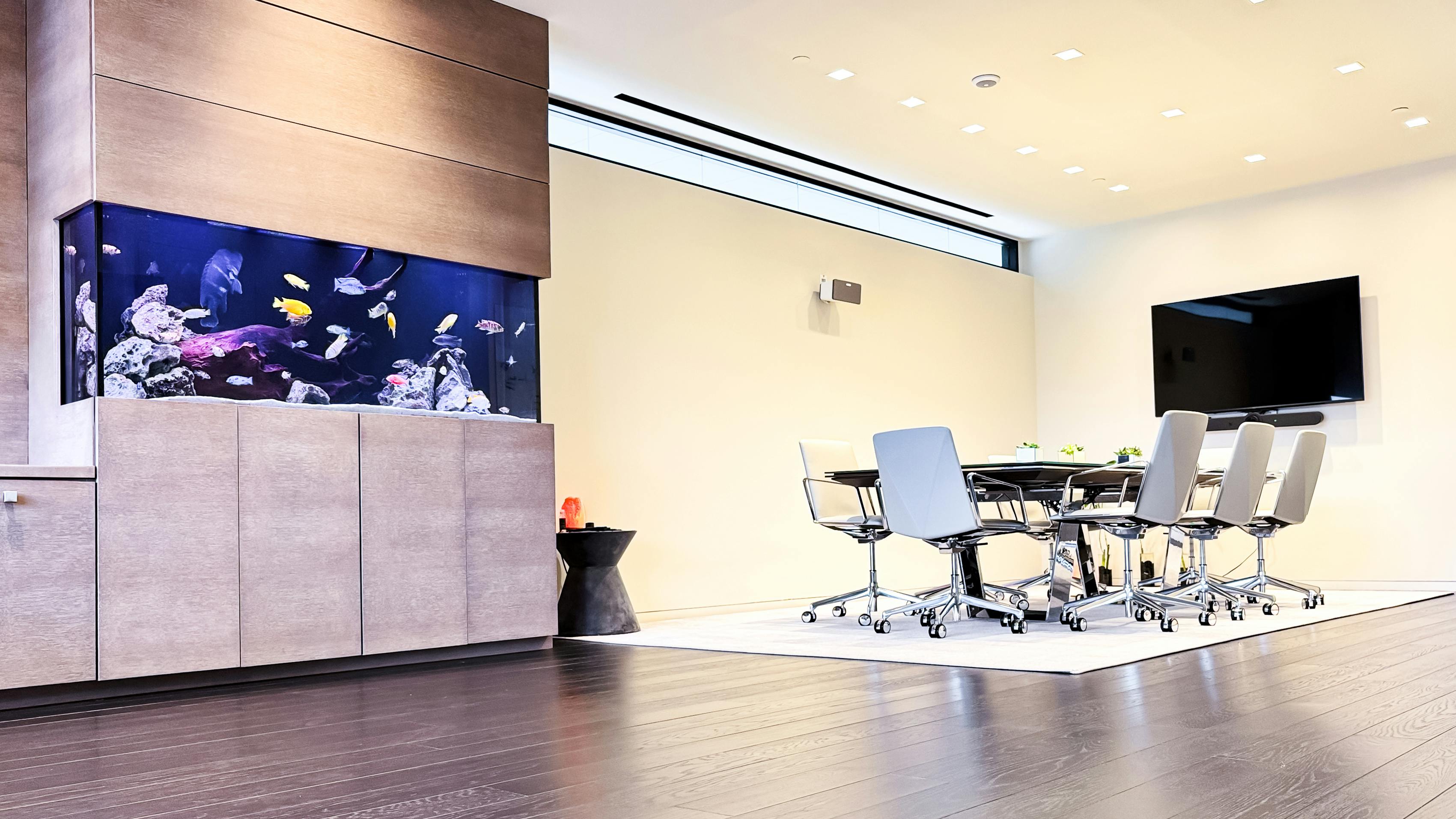 This corporate office installation features an aquarium designed and installed by Something Fishy, Inc.