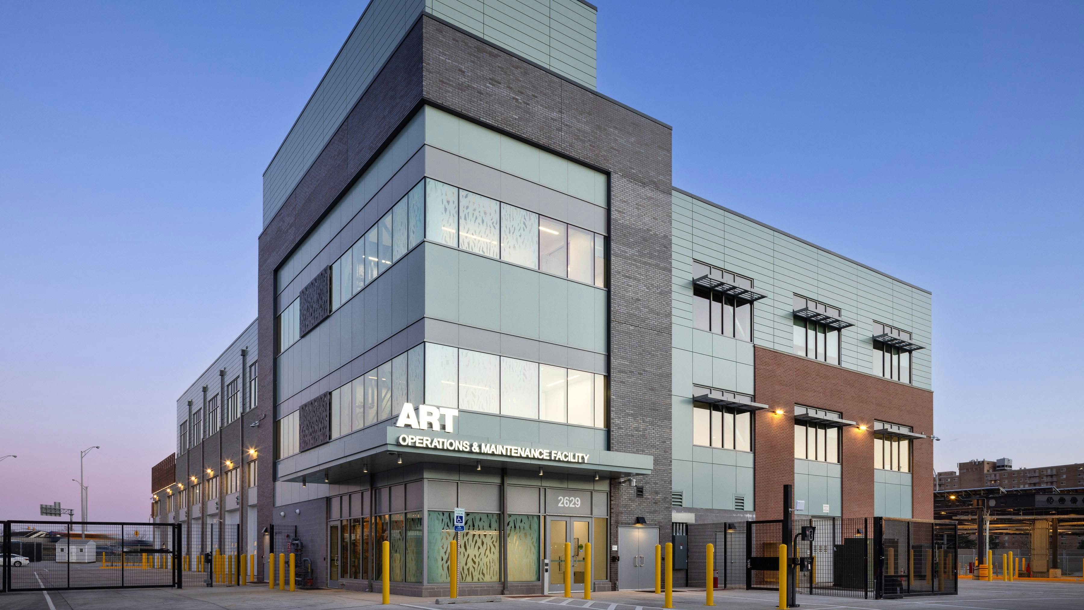 An outside view of Arlington Transit's new operation and maintenance facility, a 3-story structure that opened in November 2024.