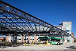 An Arlington Transit bus parks outside the new operation and maintenance facility in Arlington, Virginia. An Arlington Transit bus parks outside the new operation and maintenance facility in Arlington, Virginia.