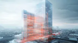 AI-generated image of office tower with digital sketch overlay.