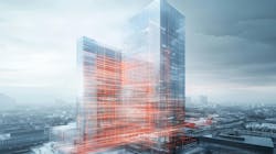 AI-generated image of office tower with digital sketch overlay. AI-generated image of office tower with digital sketch overlay.