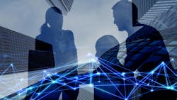 Computer-generated image of three silhouetted people and buildings overlayed with connected lines signaling technology. Computer-generated image of three silhouetted people and buildings overlayed with connected lines signaling technology.