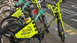Electric bikes (e-bikes) are shown in London. Lithium-ion batteries used in e-bikes can cause fires if they’re damaged. Electric bikes (e-bikes) are shown in London. Lithium-ion batteries used in e-bikes can cause fires if they’re damaged.