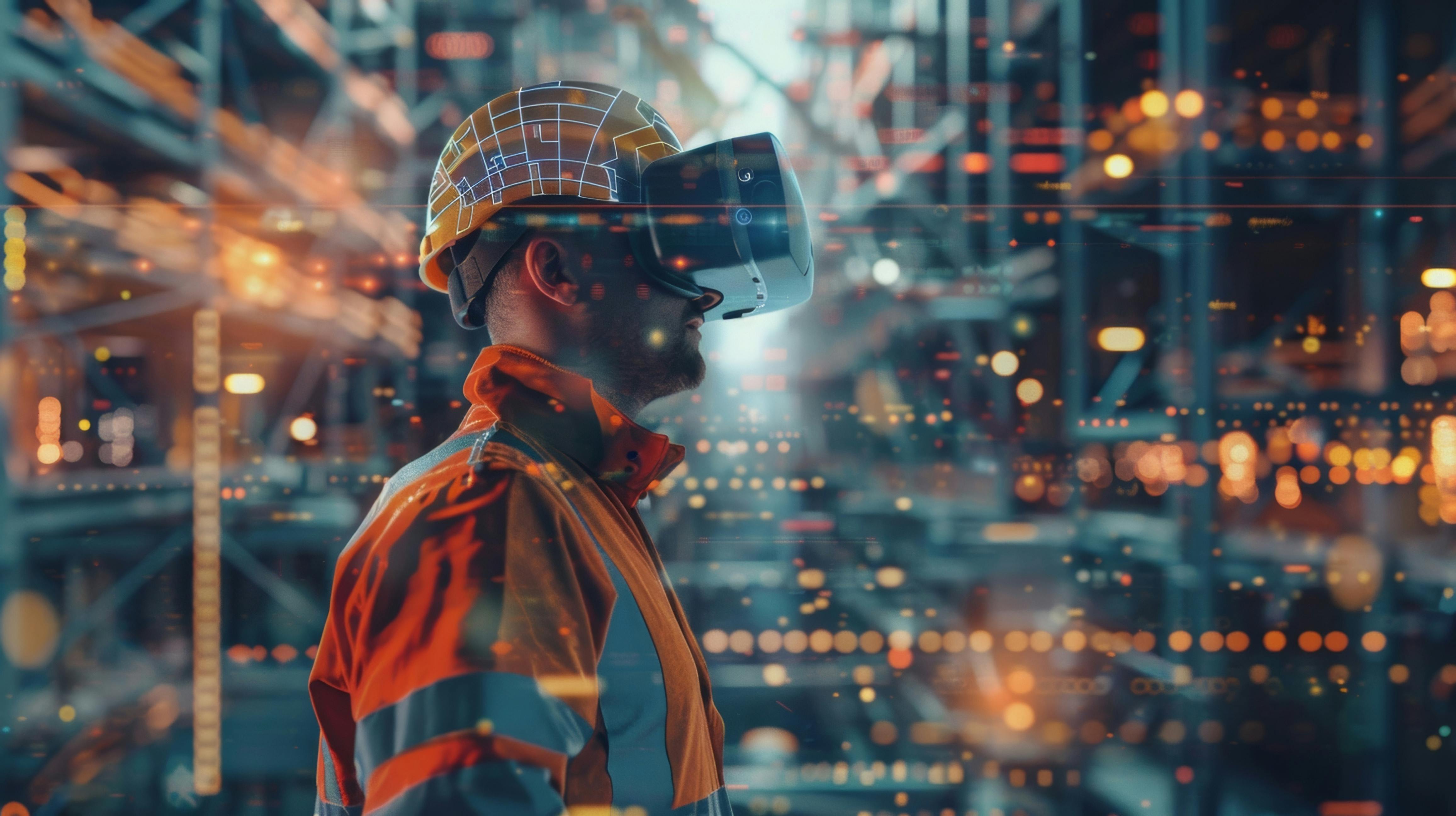 AI-generated image of construction worker wearing AR goggles in front of blurred construction site background.