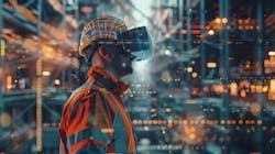 AI-generated image of construction worker wearing AR goggles in front of blurred construction site background. AI-generated image of construction worker wearing AR goggles in front of blurred construction site background.