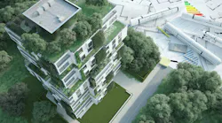 3D rendering of sustainable modern apartment building with blue prints