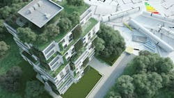 3D rendering of sustainable modern apartment building with blue prints 3D rendering of sustainable modern apartment building with blue prints