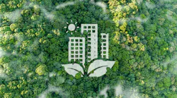 Bird's eye view of forest canopy with computer-generated buildings with large leaves overlaid on top in white.