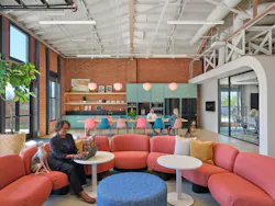 The female-owned law firm features soft edges and openness not typically associated with the industry. The dog-friendly headquarters has a lot of sections and types of seating for a variety of work opportunities, and pops of color to invite collaboration, thinking, and creativity.